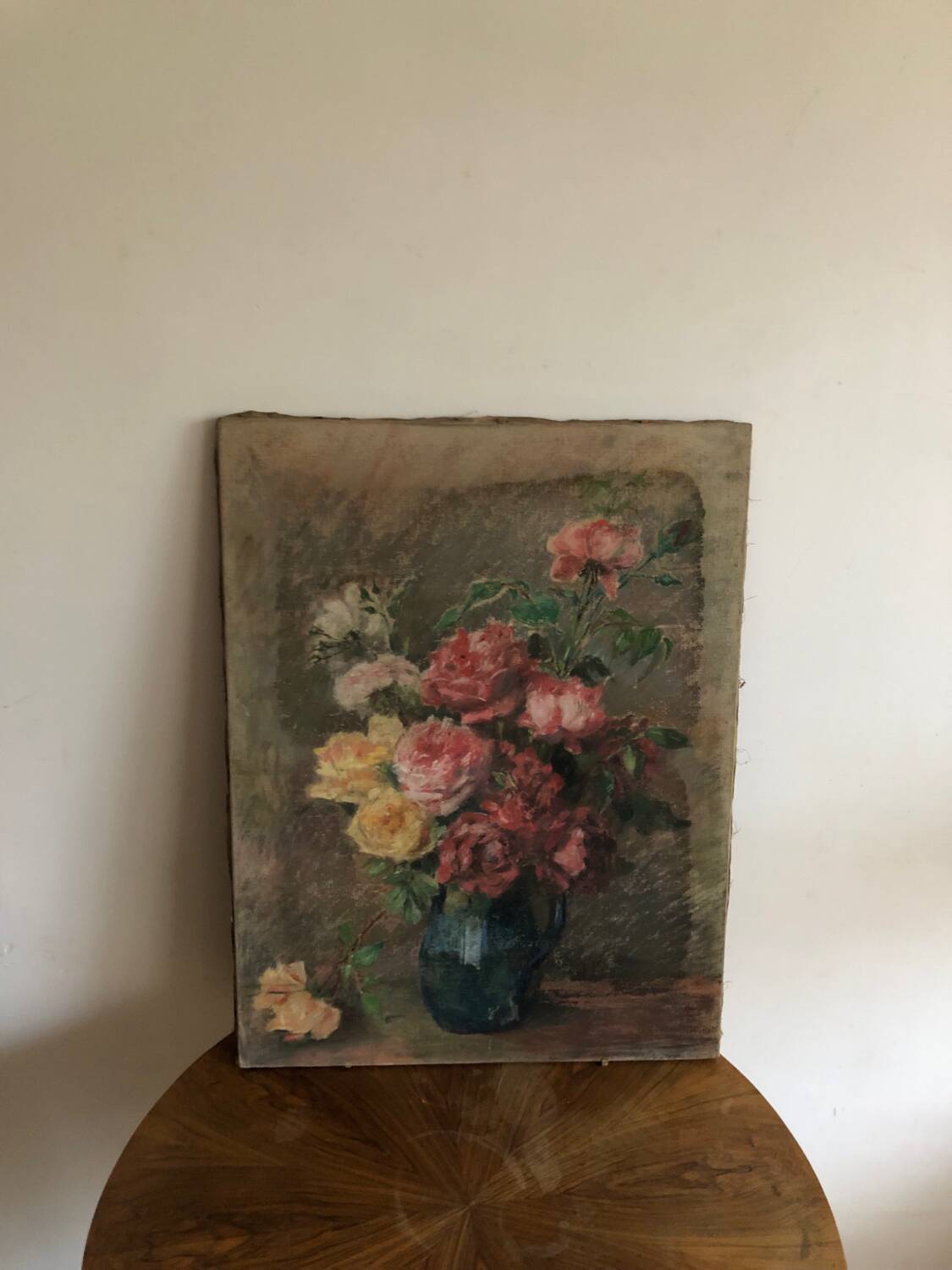 Oil on old canvas Bouquet of roses