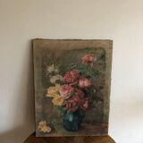 Oil on old canvas Bouquet of roses