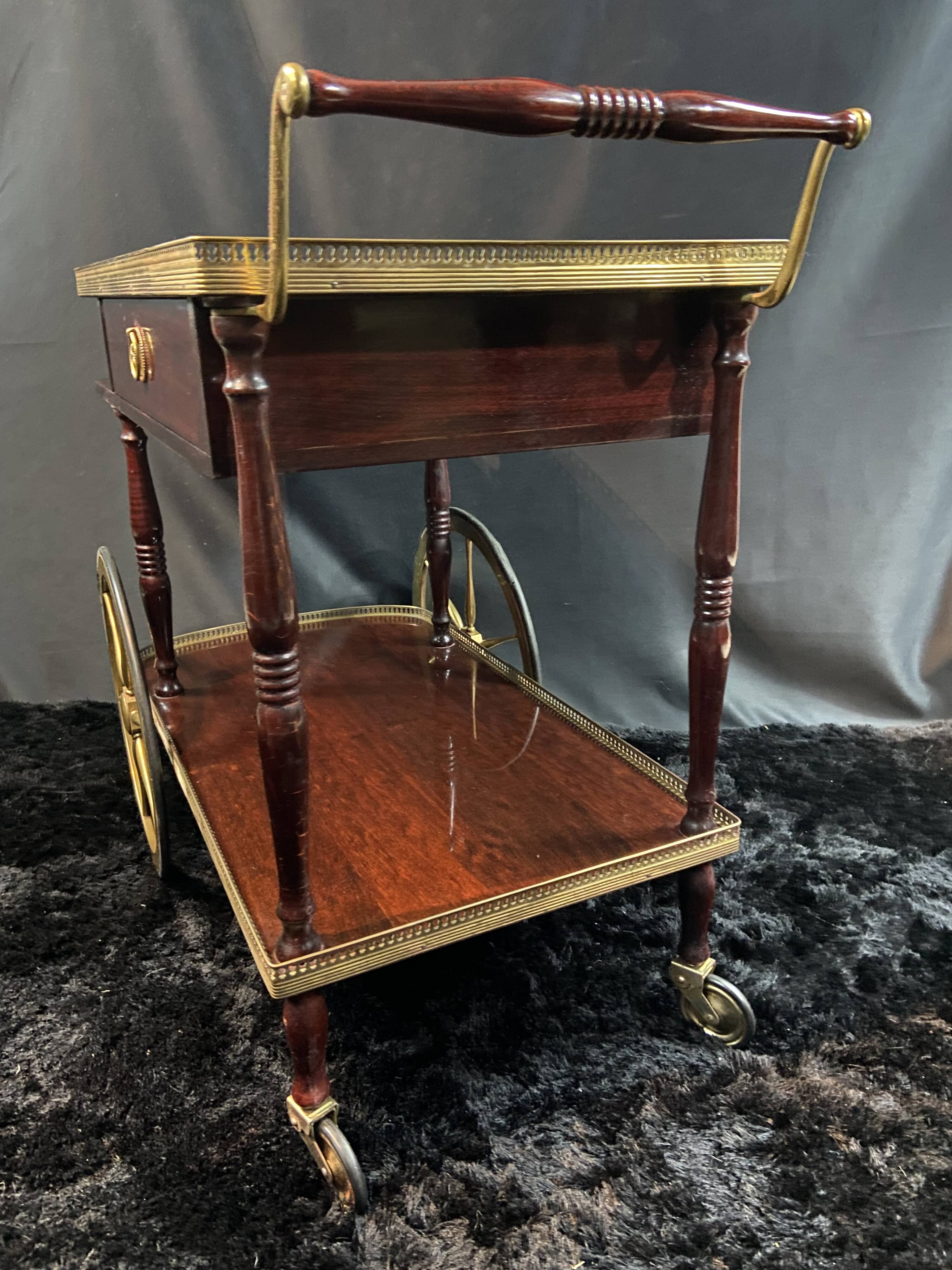 Rolling bar cart, bar trolley, bar rolling in varnished mahogany and brass