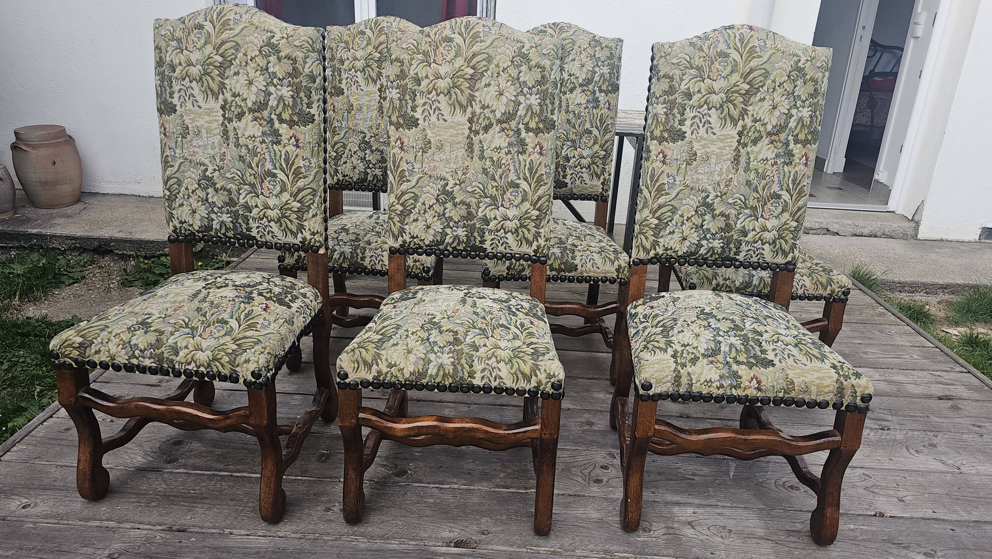 6 Louis XV style solid wood chairs with jacquard upholstery.