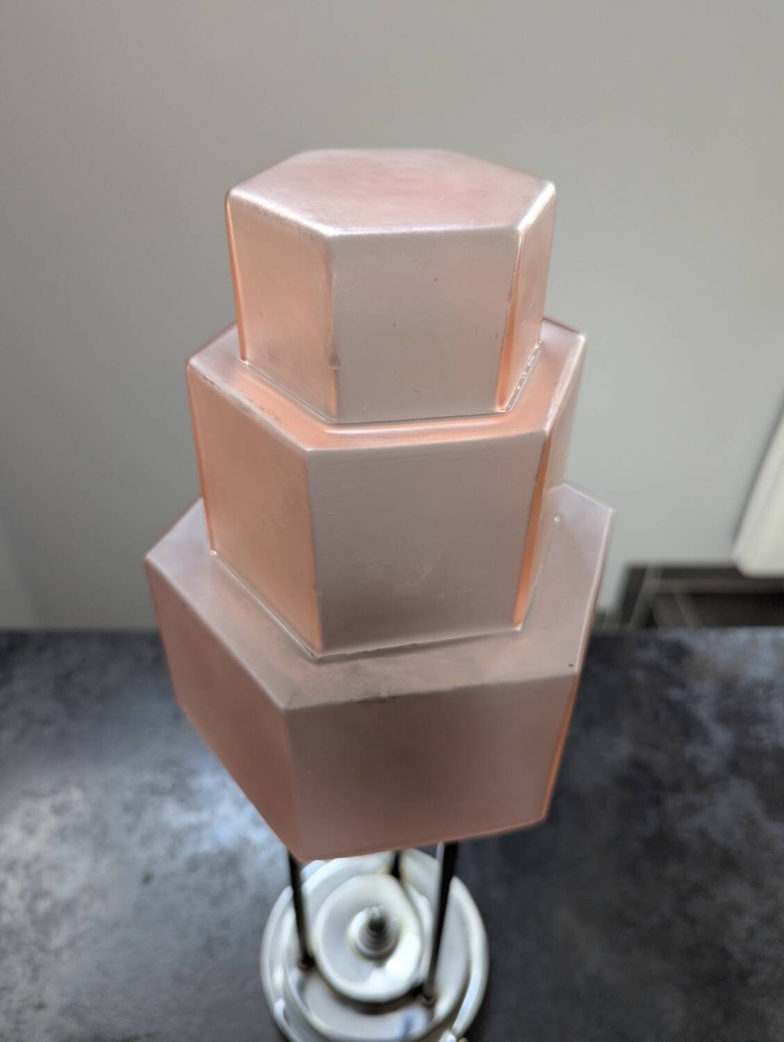 Vintage Skyscraper ceiling light, pink glass table lamp, Bauhaus Art.