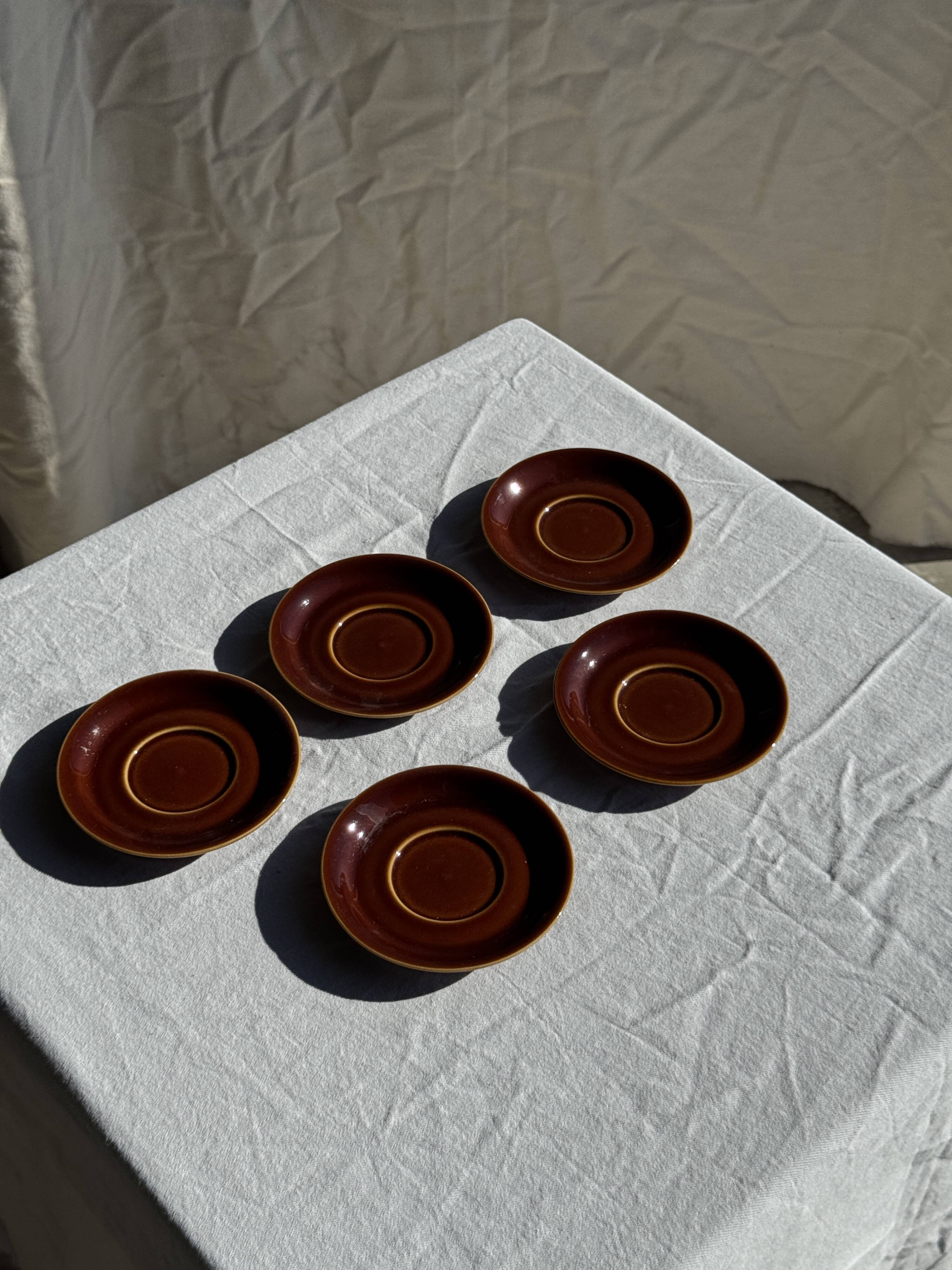 Set of 6 vintage brown glazed ceramic espresso cups with saucers.