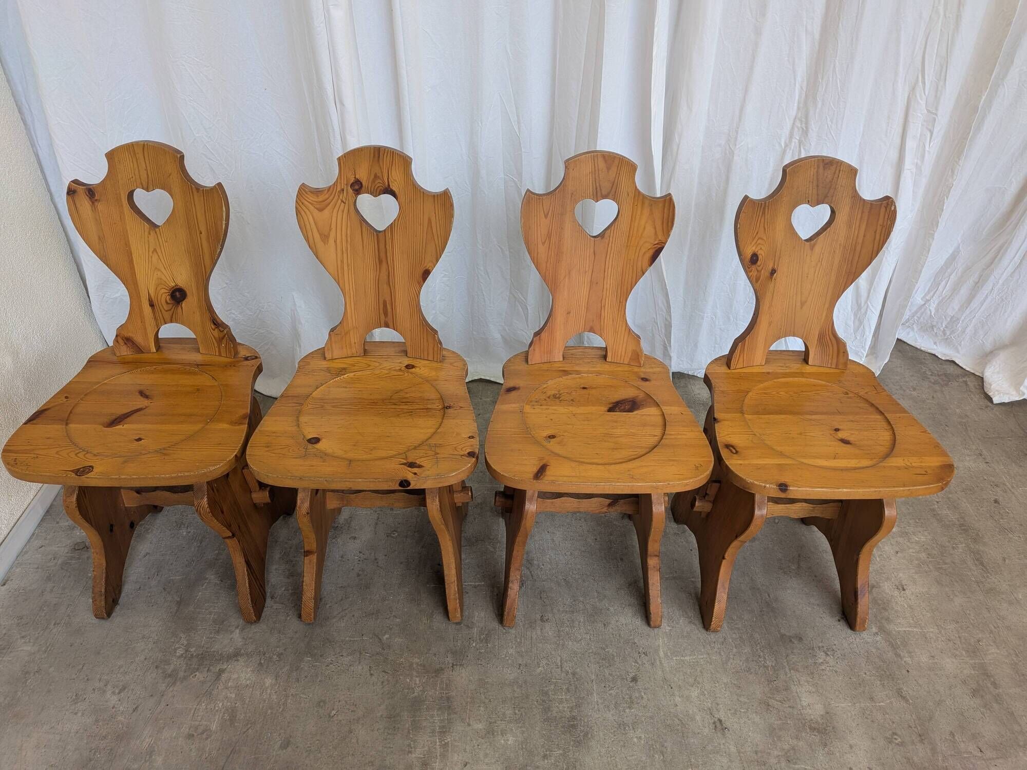 Vintage Alpine Wooden Chairs (Set of 4) Heart Cut-Out
