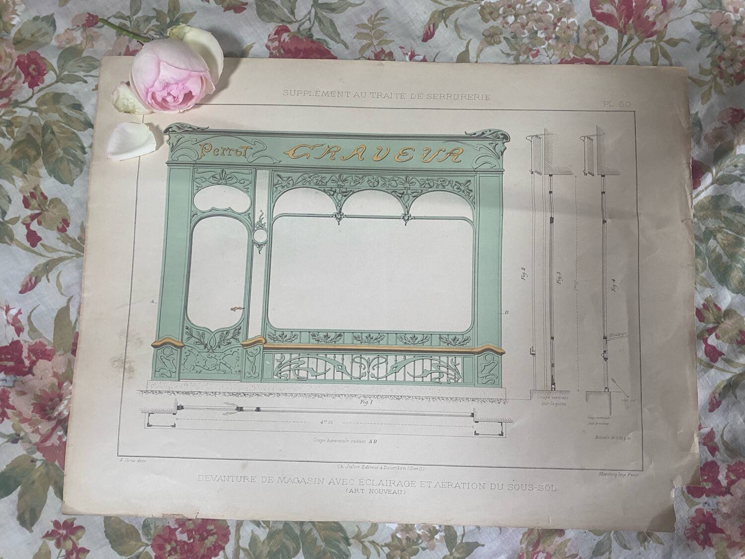 Antique Art Nouveau engraving of a shop front