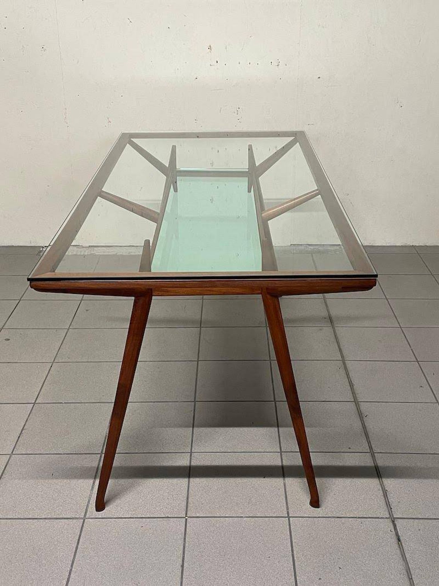 1950s Italian Wooden Table with Double Glass Top
