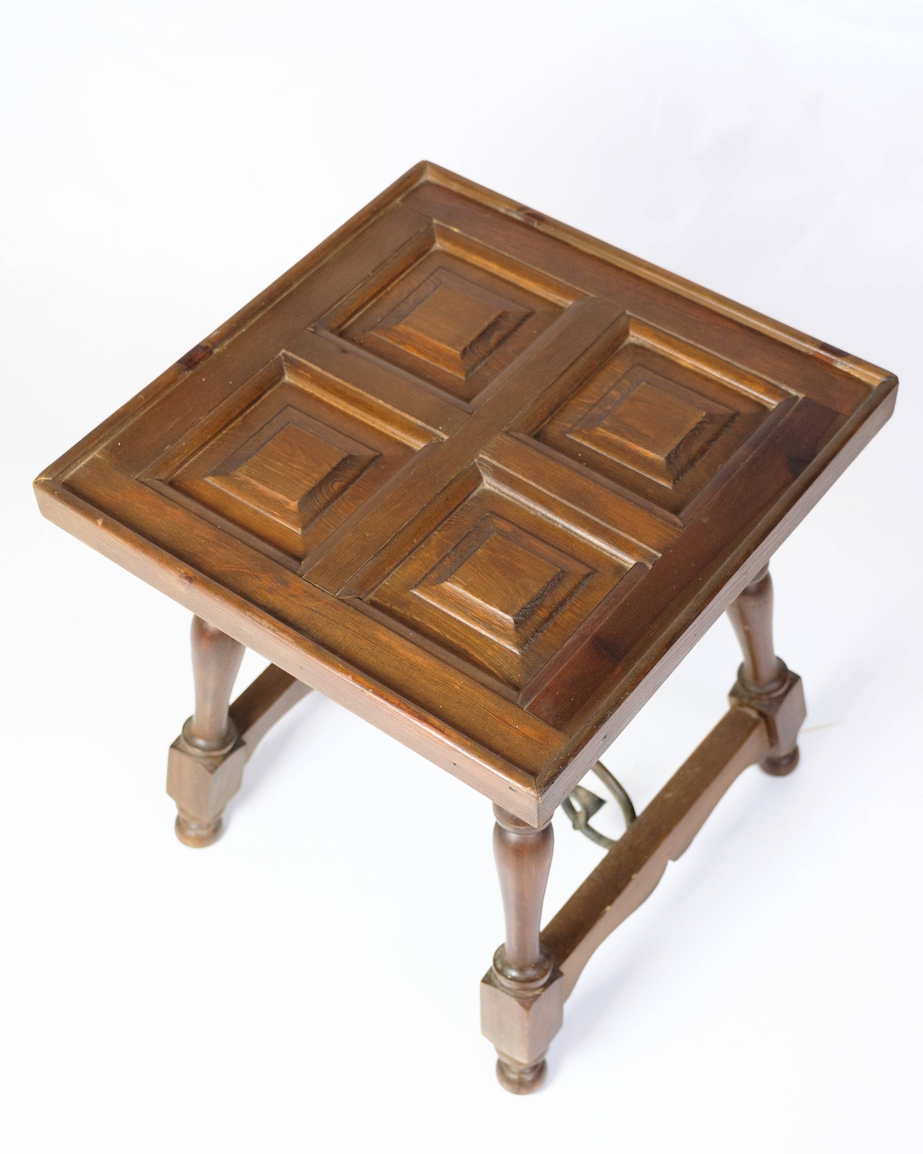 Side Table Made In Dark Wood With Turned Legs & Metal Struts From 1930s