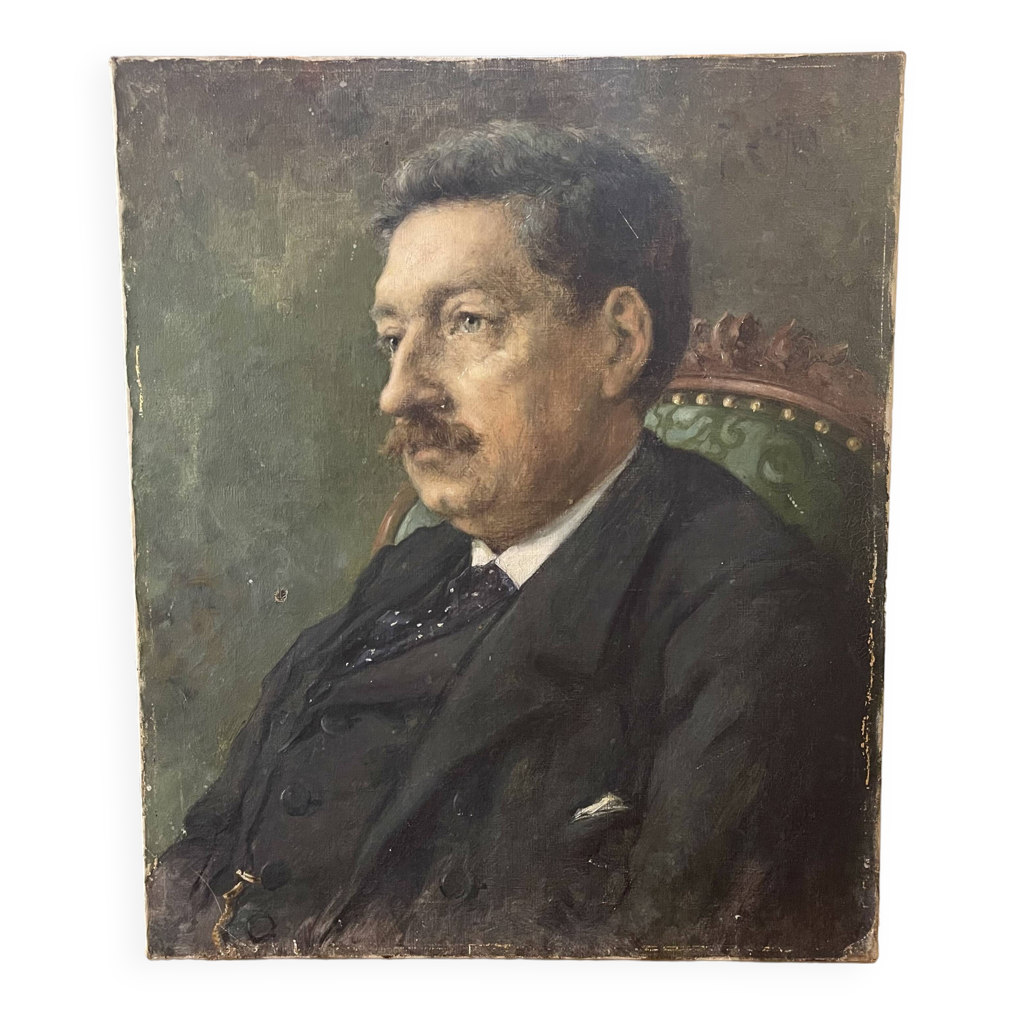 Portrait painting of a man with green eyes and mustache signed 1904