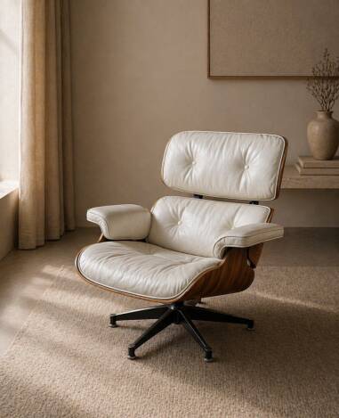 Charles and Ray Eames & Mobilier International - White leather lounge chair and rosewood