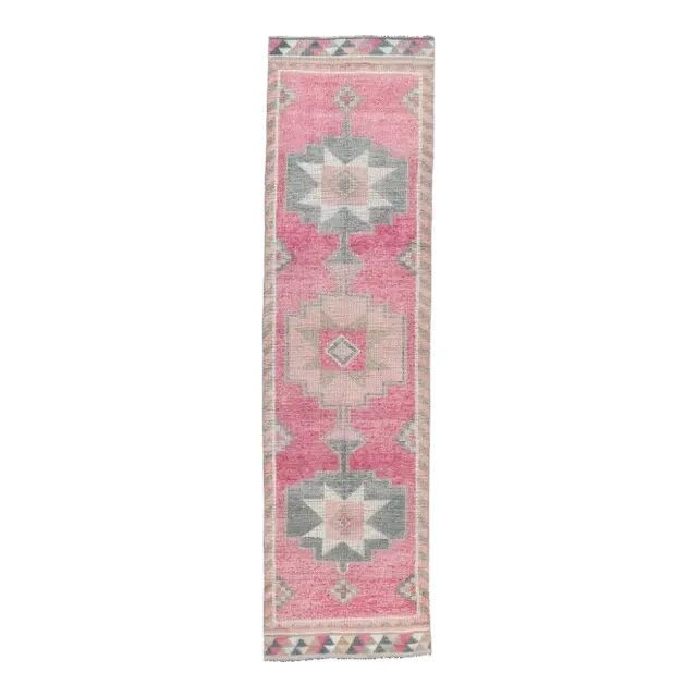 Vintage Pink Geometric Turkish Hand-Knotted Runner 92x342