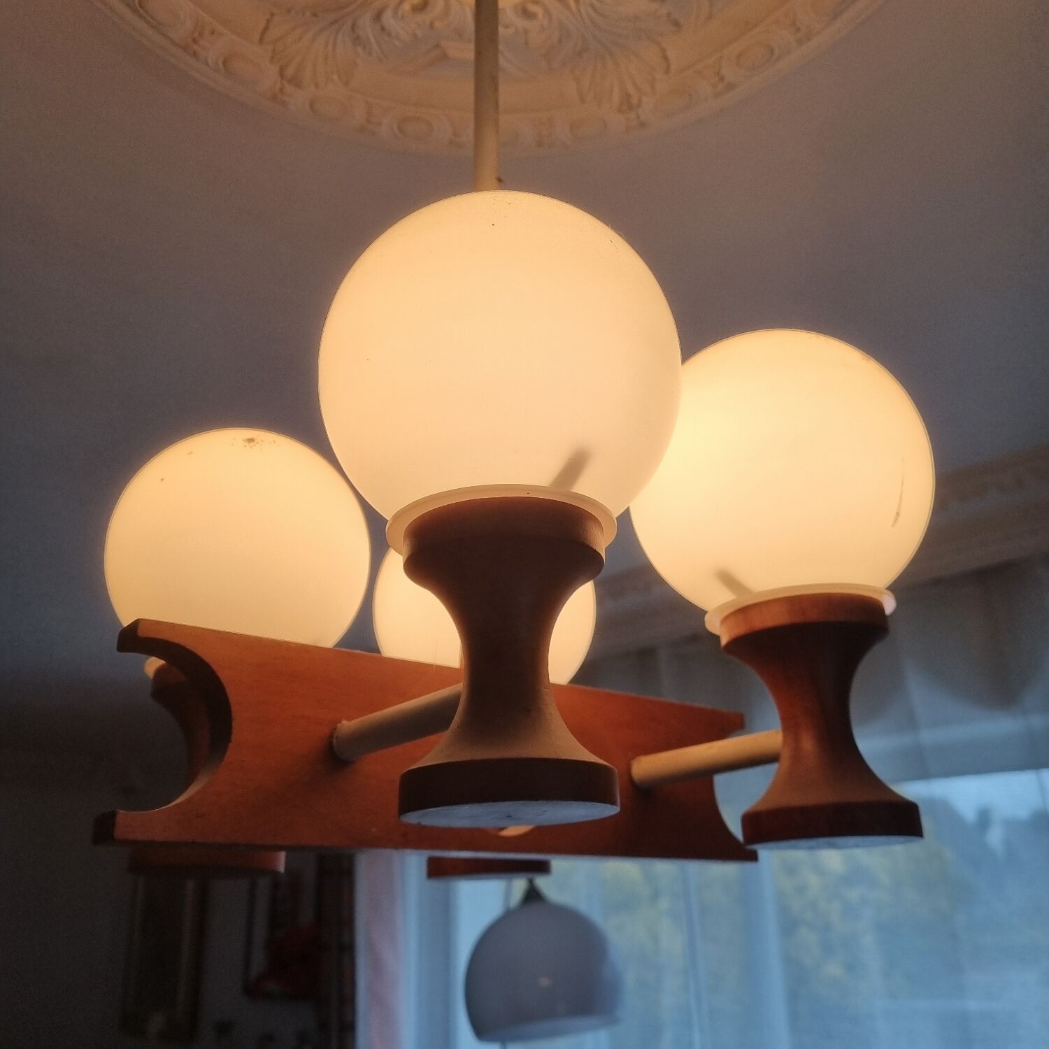 1960s Scandinavian chandelier, teak and white opaline.