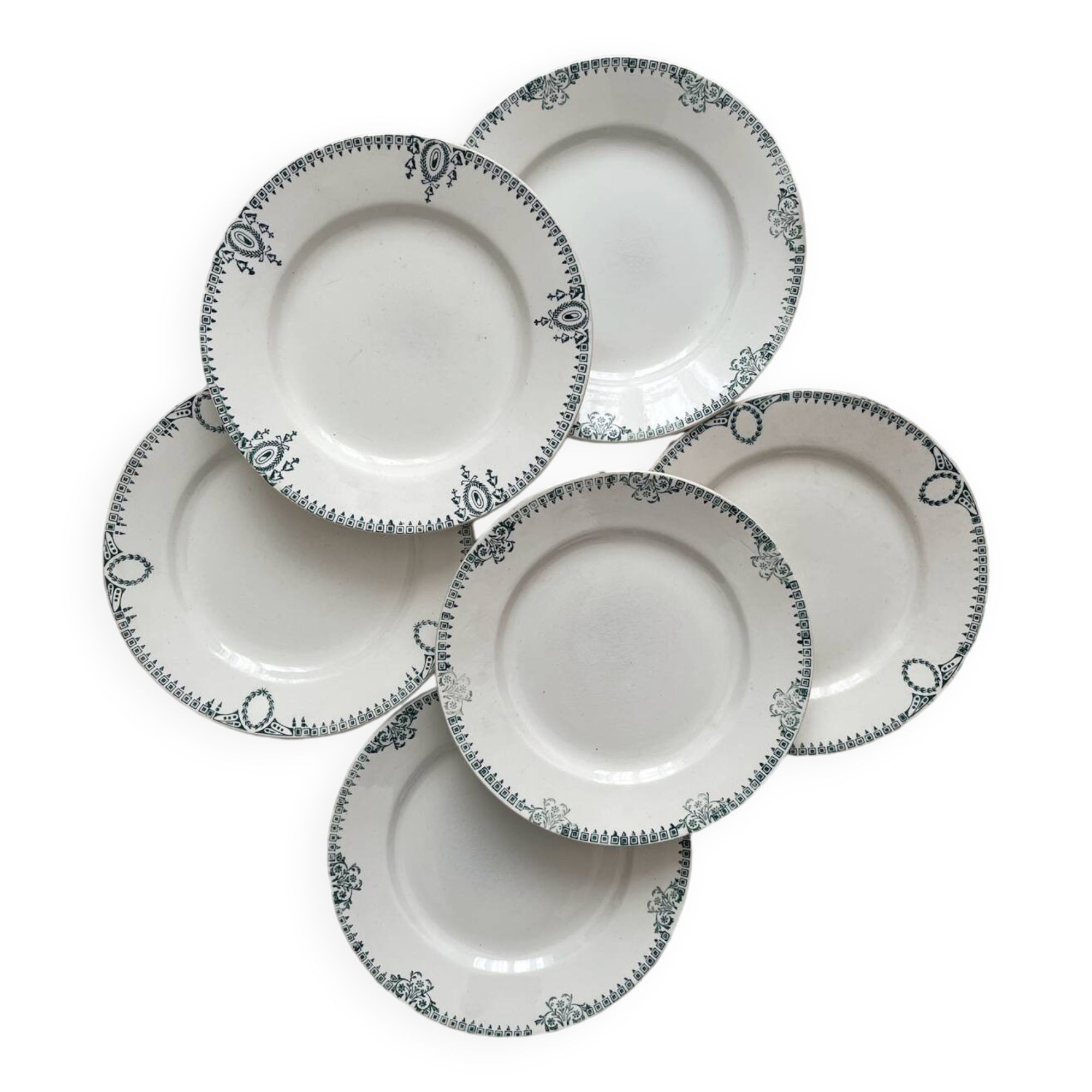 6 mismatched ironstone dinner plates from Saint Amand