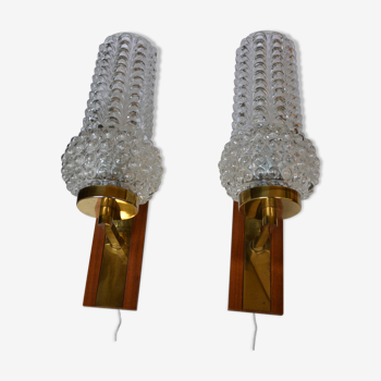 Pair of Scandinavian wall lamps bubble glass, teak and brass 60s