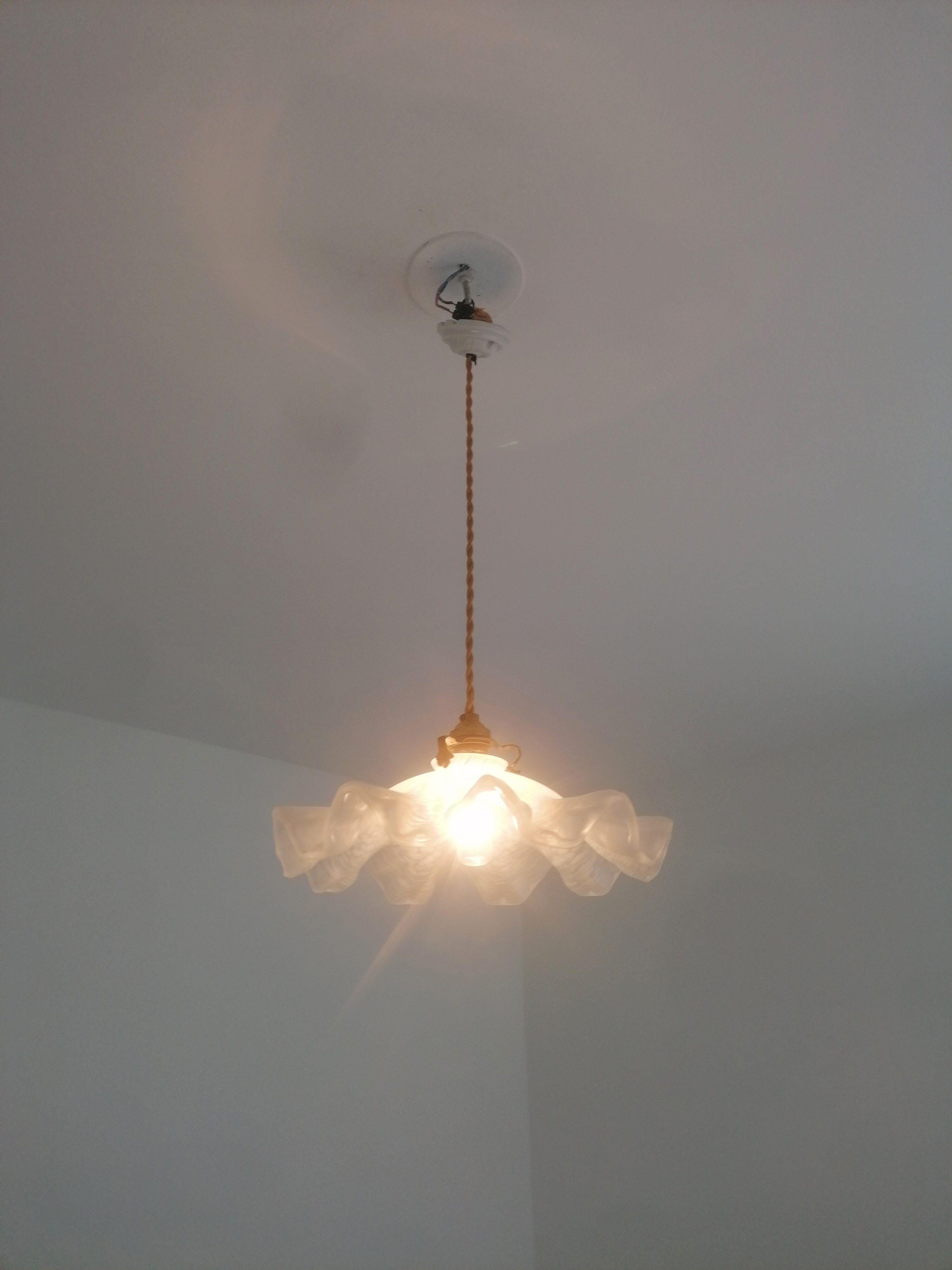 Old corrugated Clichy glass suspension - white speckled - 40s