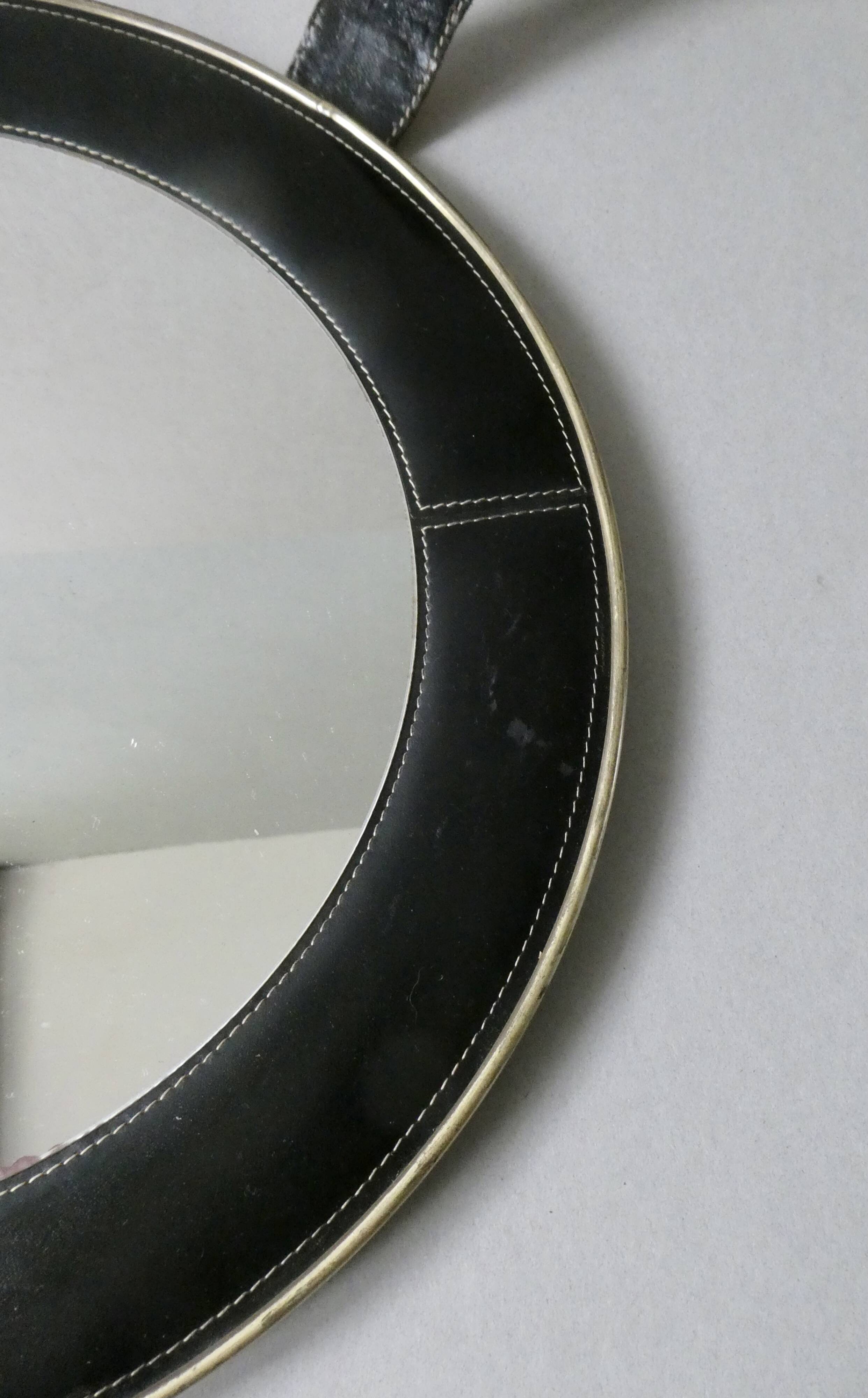leather mirror, saddle stitching, 60s