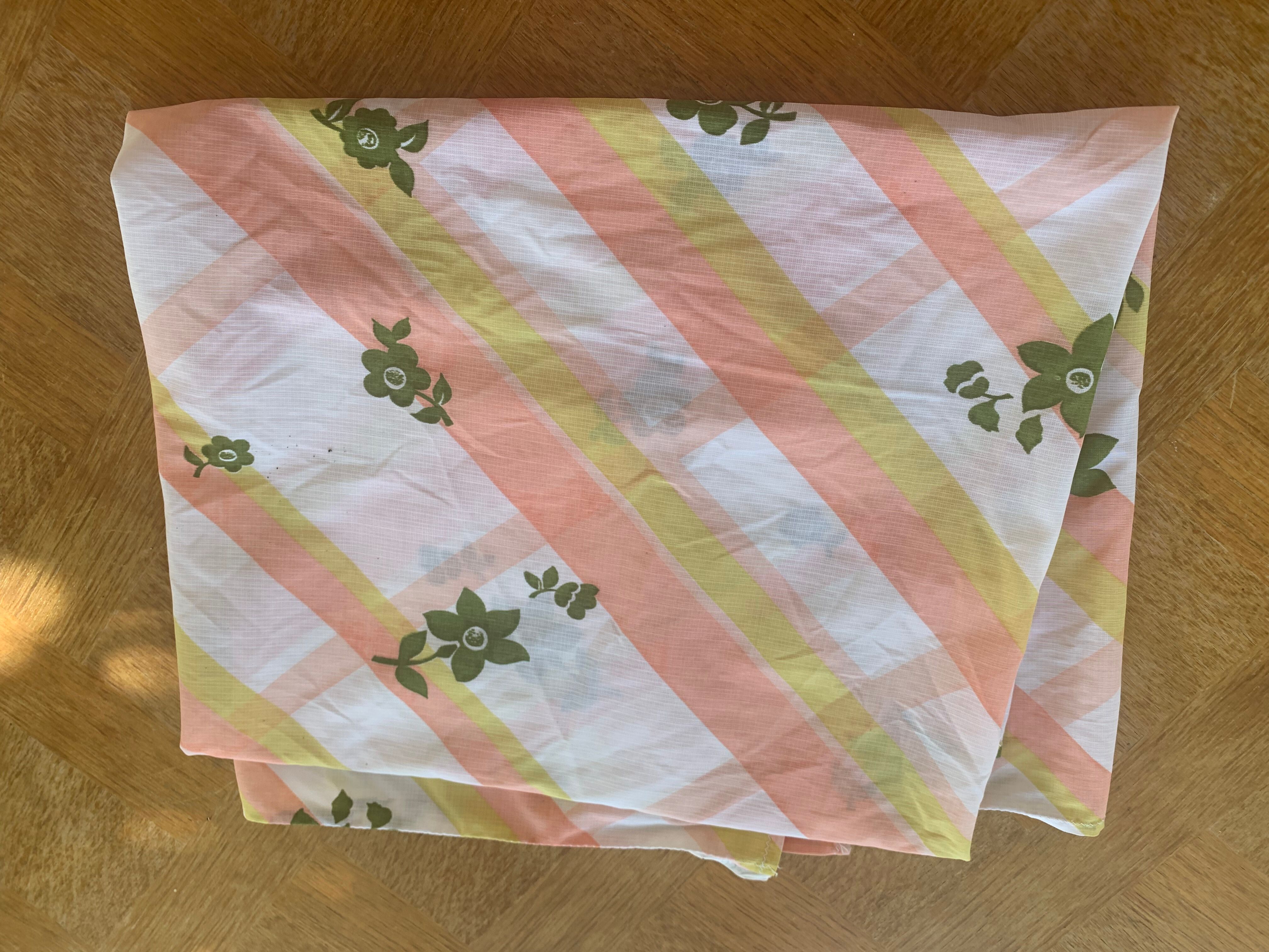 Tergal tablecloth with orange stripes and vintage khaki flowers 1970