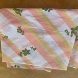 Nappe en Tergal à rayures orange et fleurs kaki vintage 1970