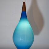 Holmegaard pendant lamp large model in blue blown glass and teak, Denmark, Poulsen