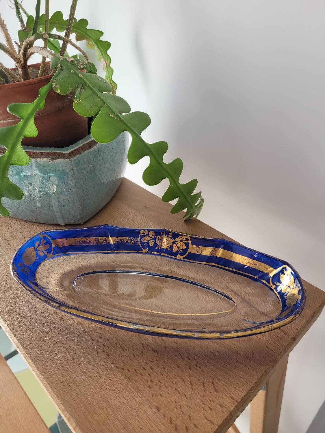 Blue and gold glass dish