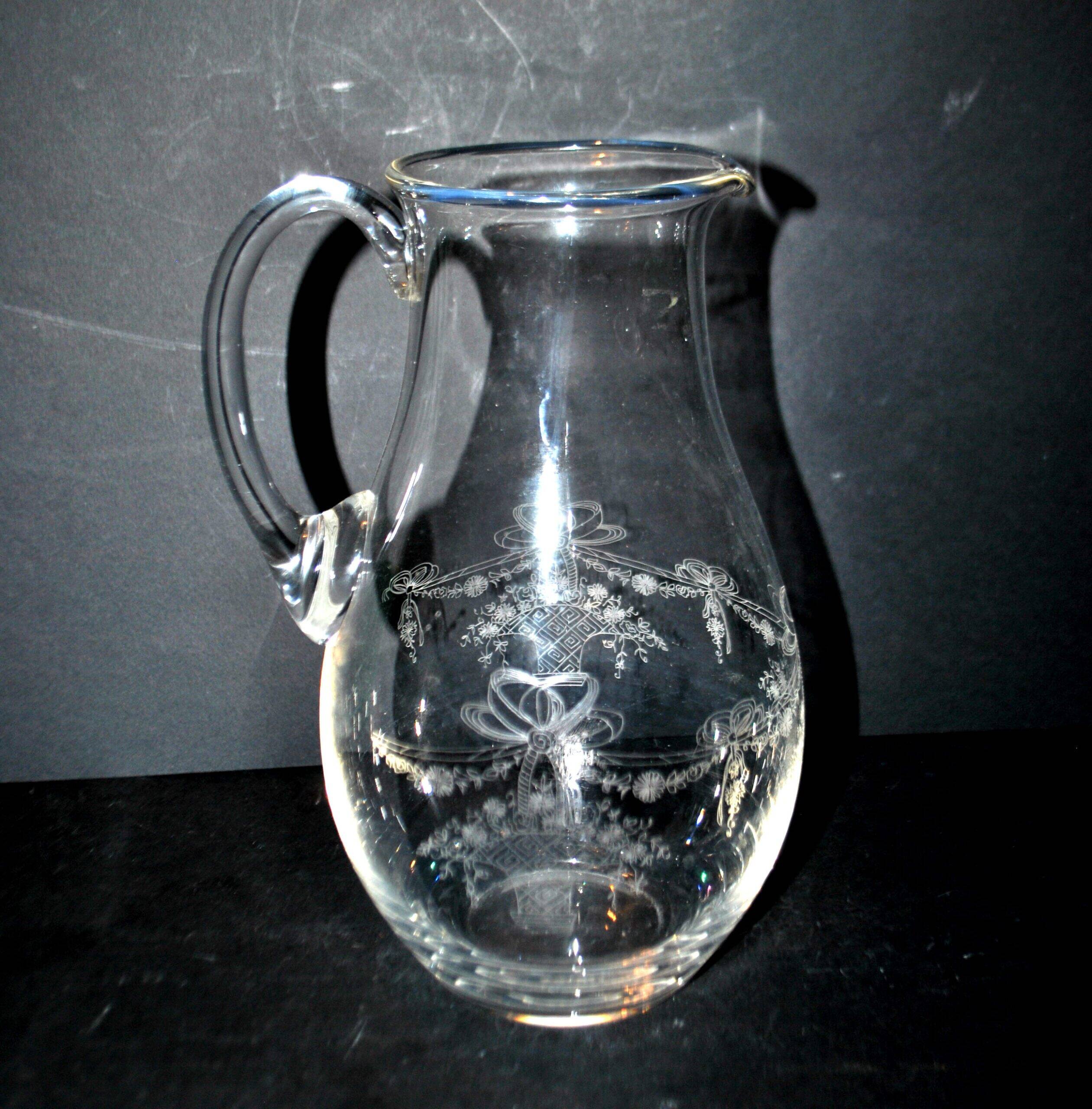 Antique Louis XVI ribbon basket carafe pitcher acid etching pantogravure