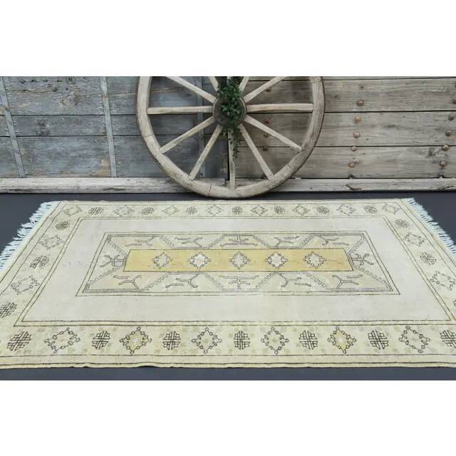 1970s Vintage Turkish Oushak Handmade Wool Cotton Beige Area Rug 161x230