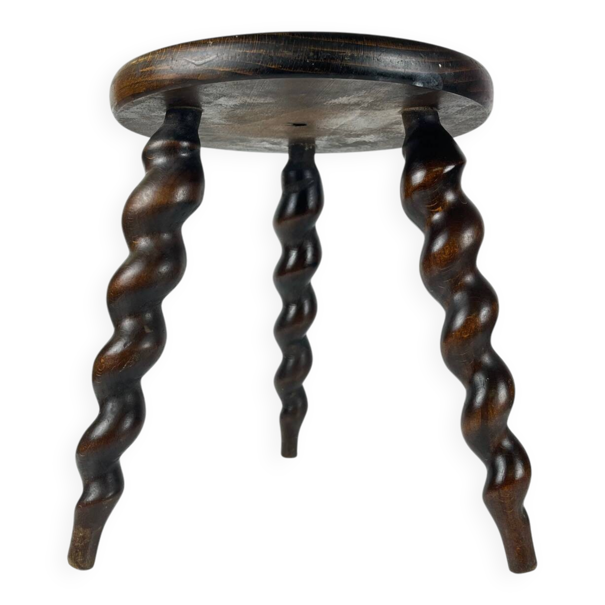 Tabouret ancien en bois massif à pieds torsadés, début XXe
