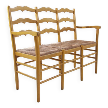 Banc trois places en hêtre avec assise en paille – années 1960