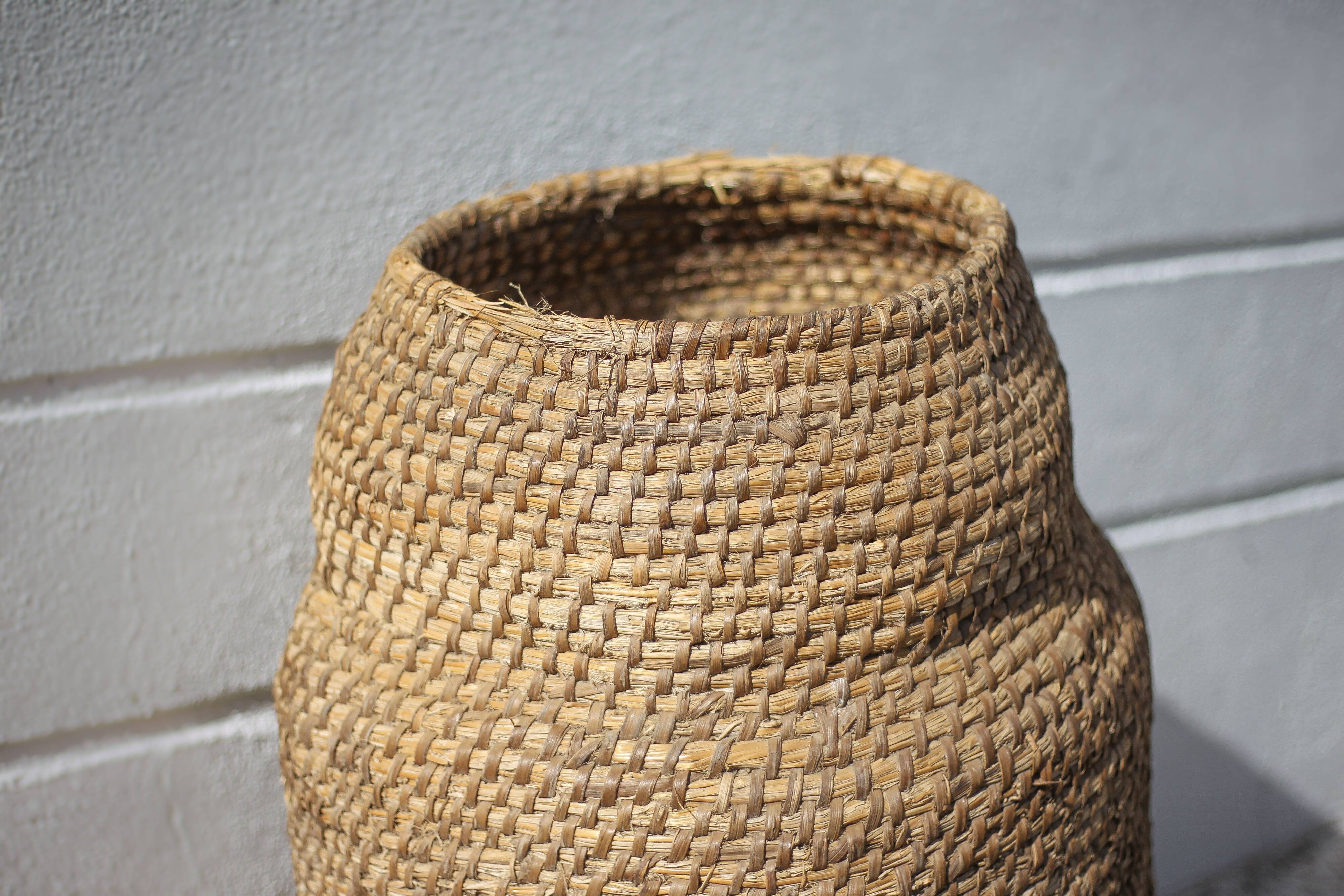 Large old basket, burgundy straw and bramble, woven basket