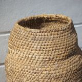 Large old basket, burgundy straw and bramble, woven basket