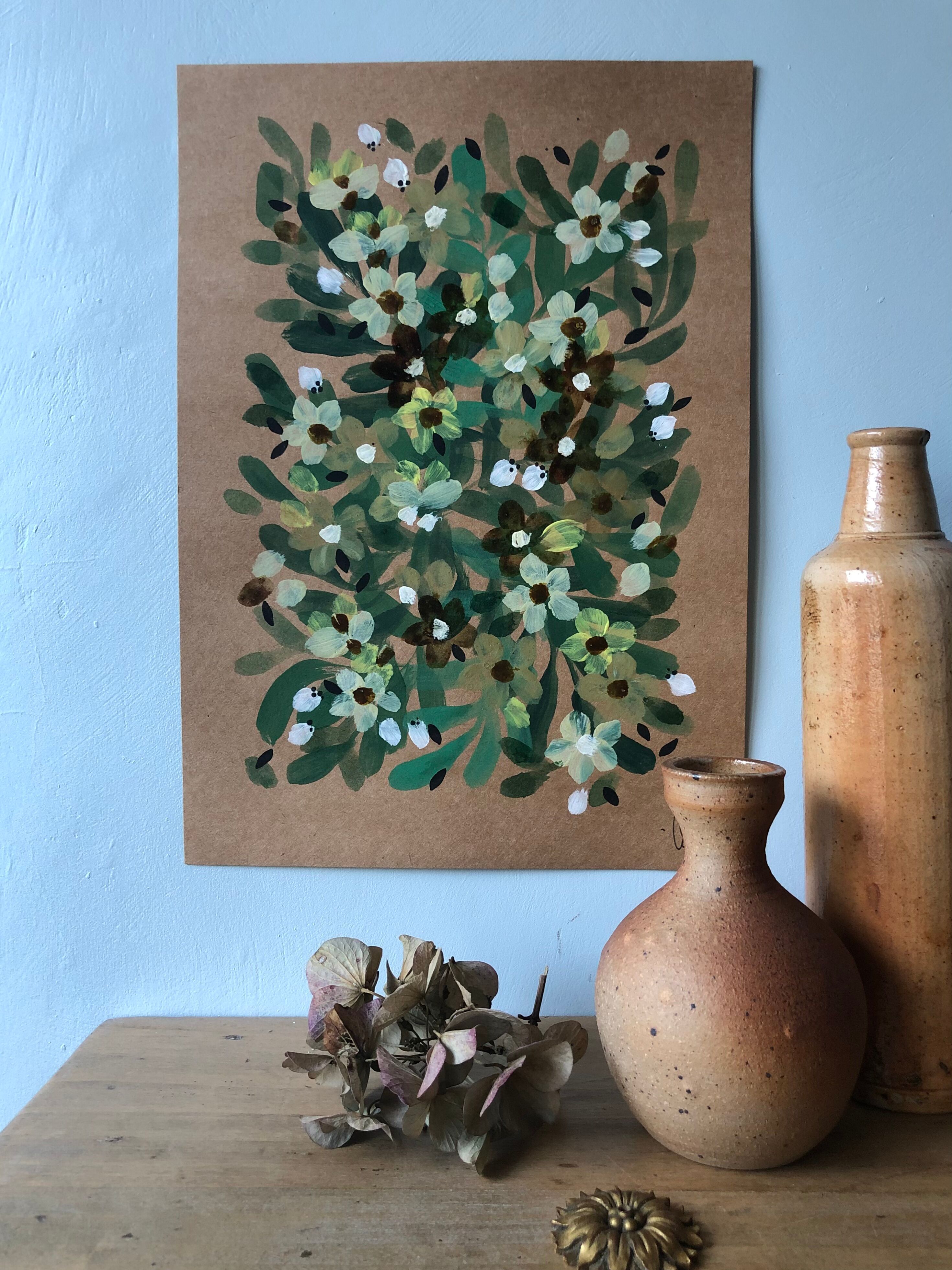 Painting a4 on paper flowers buds and green leaves by céline caux
