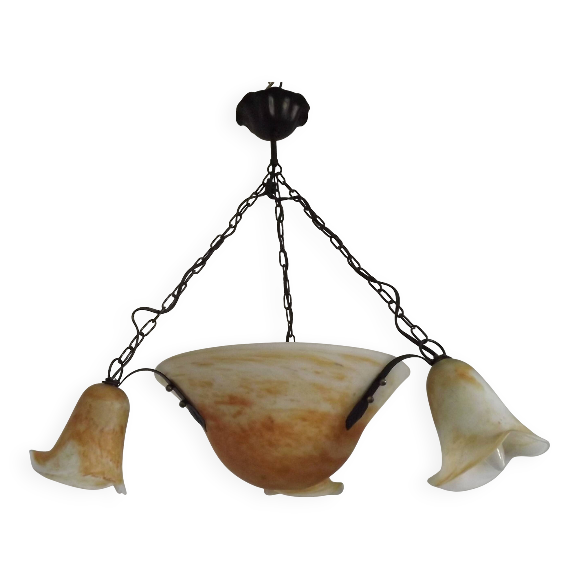 Vintage 4-light chandelier in black metal and glass, France