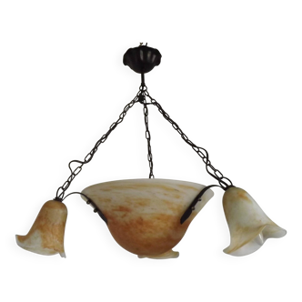 Lustre 4 feux vintage en métal noir et verre, France