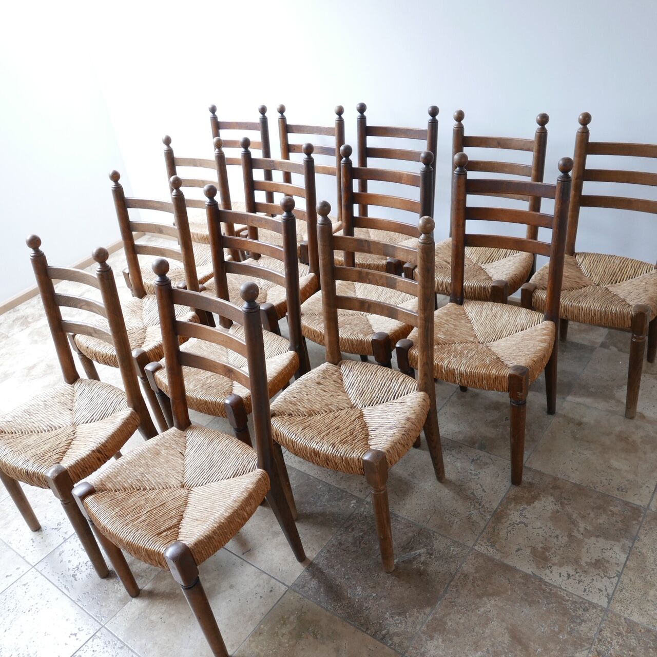 Set of 14 mid-century french rush farmhouse dining chairs