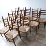 Set of 14 mid-century french rush farmhouse dining chairs