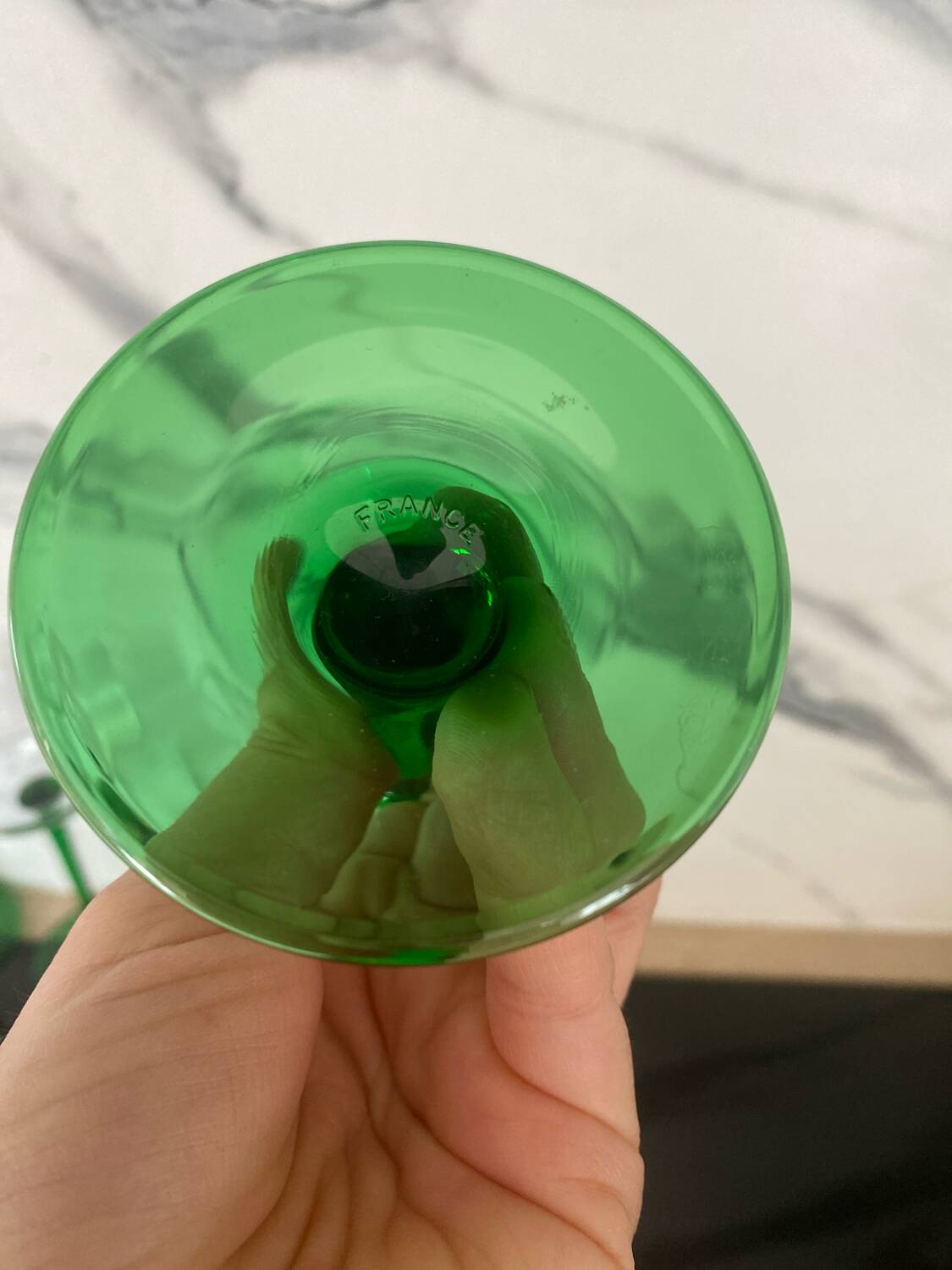 6 vintage green liqueur glasses from France