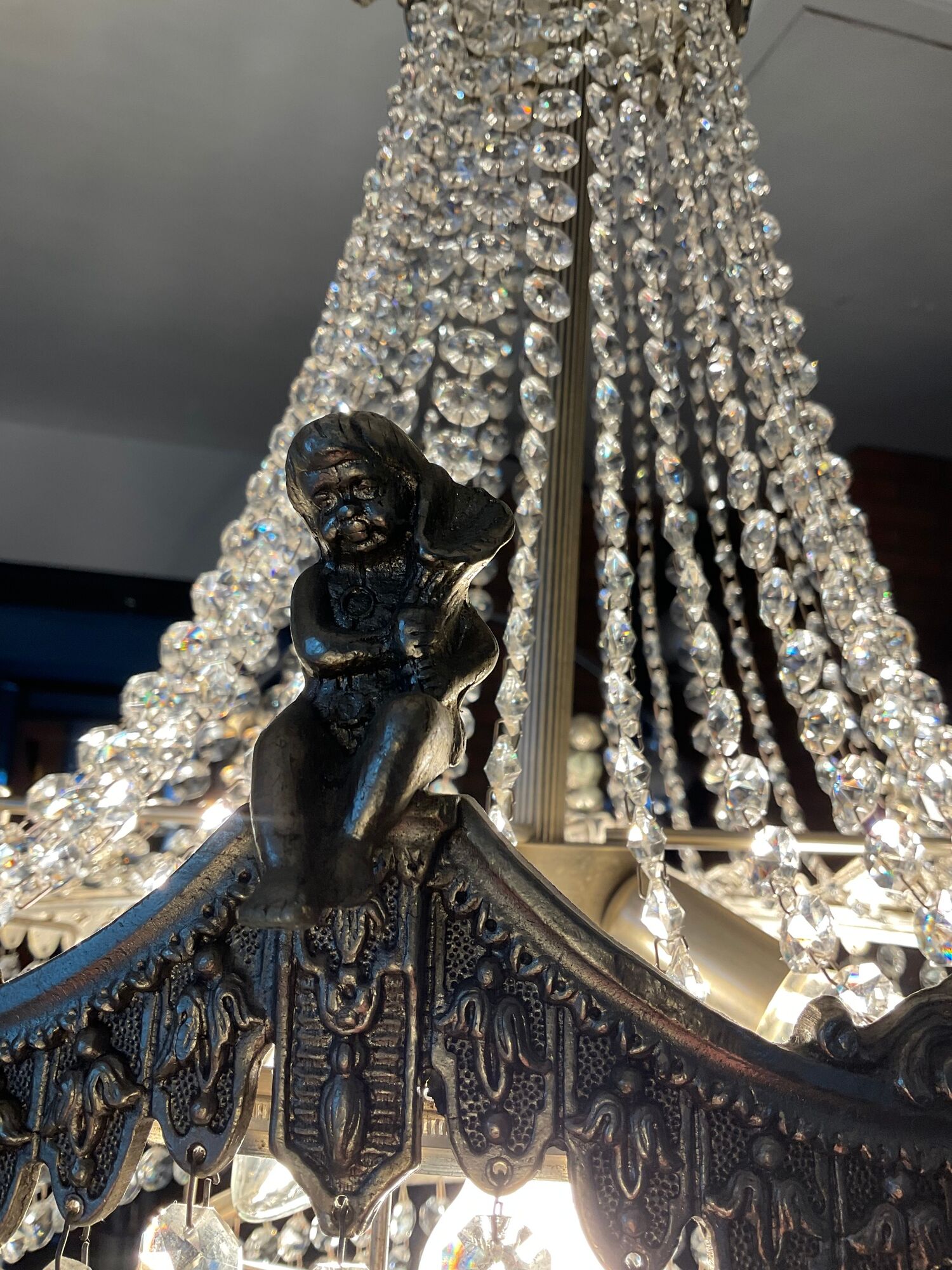 Old hot air balloon chandelier with crystal and bronze tassels