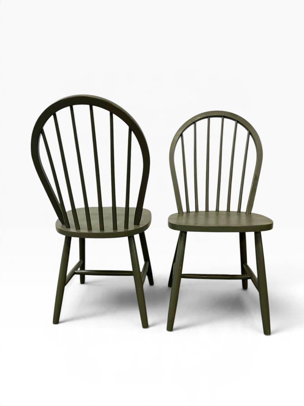 Set of 2 vintage olive green spindle dining chairs