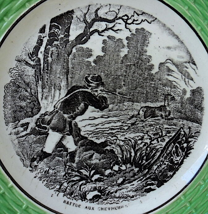 Old plate captioned "Battered with deer", Digoin-&-Sarreguemines