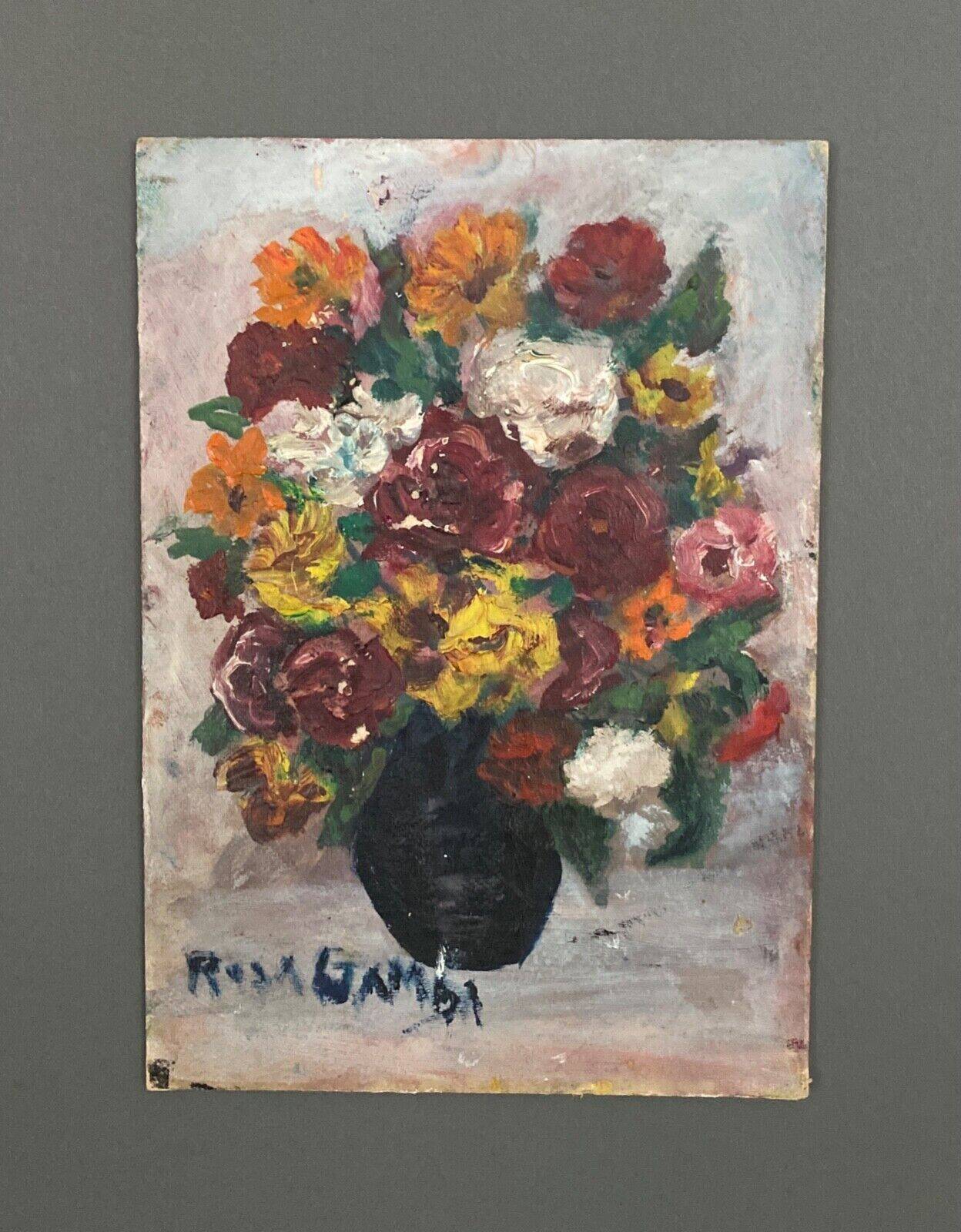 Oil on cardboard bouquet of flowers still life by Rosa Gamba 20th century