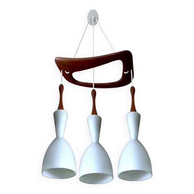 Suspension vintage en teck et verre de Rispal