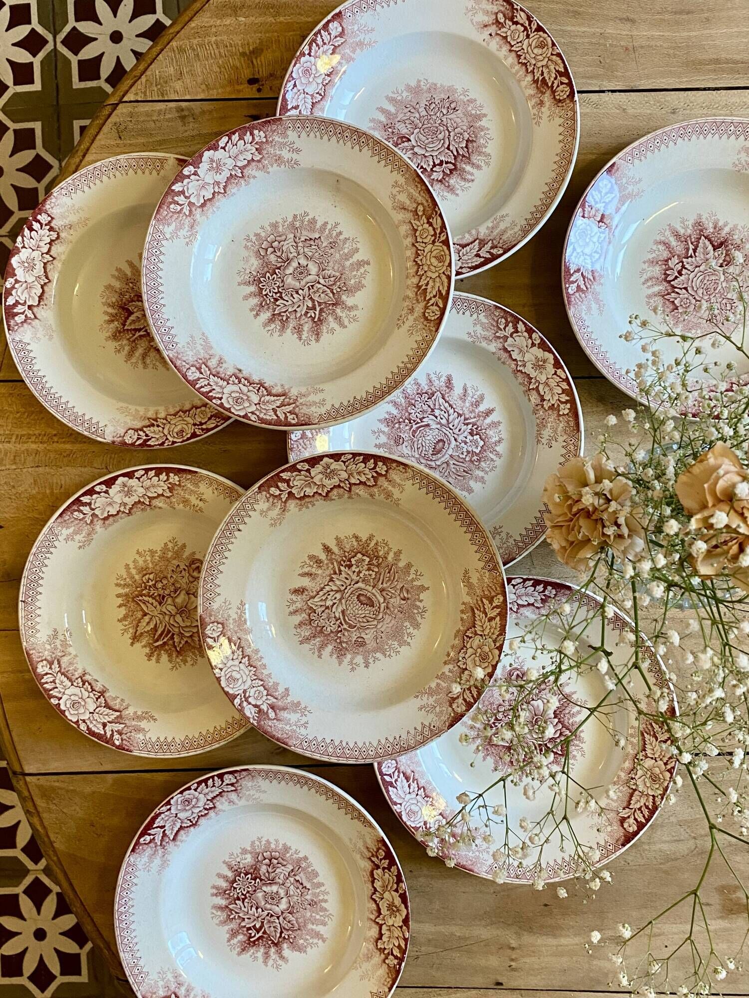 Set of 9 old ironstone hollow plates - Jardinière de Saint Amand