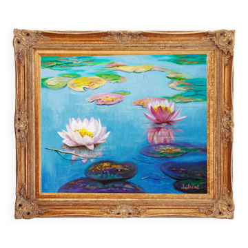 Original oil painting of water lilies, with a high-quality Baroque frame.
