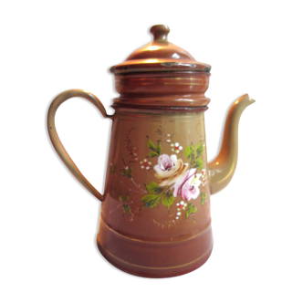 Cafetière ancienne complète tôle émaillée marron dégradé: Les Roses roses