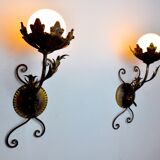 Pair of floral wall lamps by Ferro Arte, Gold leaf and opaline, Spain, 1960