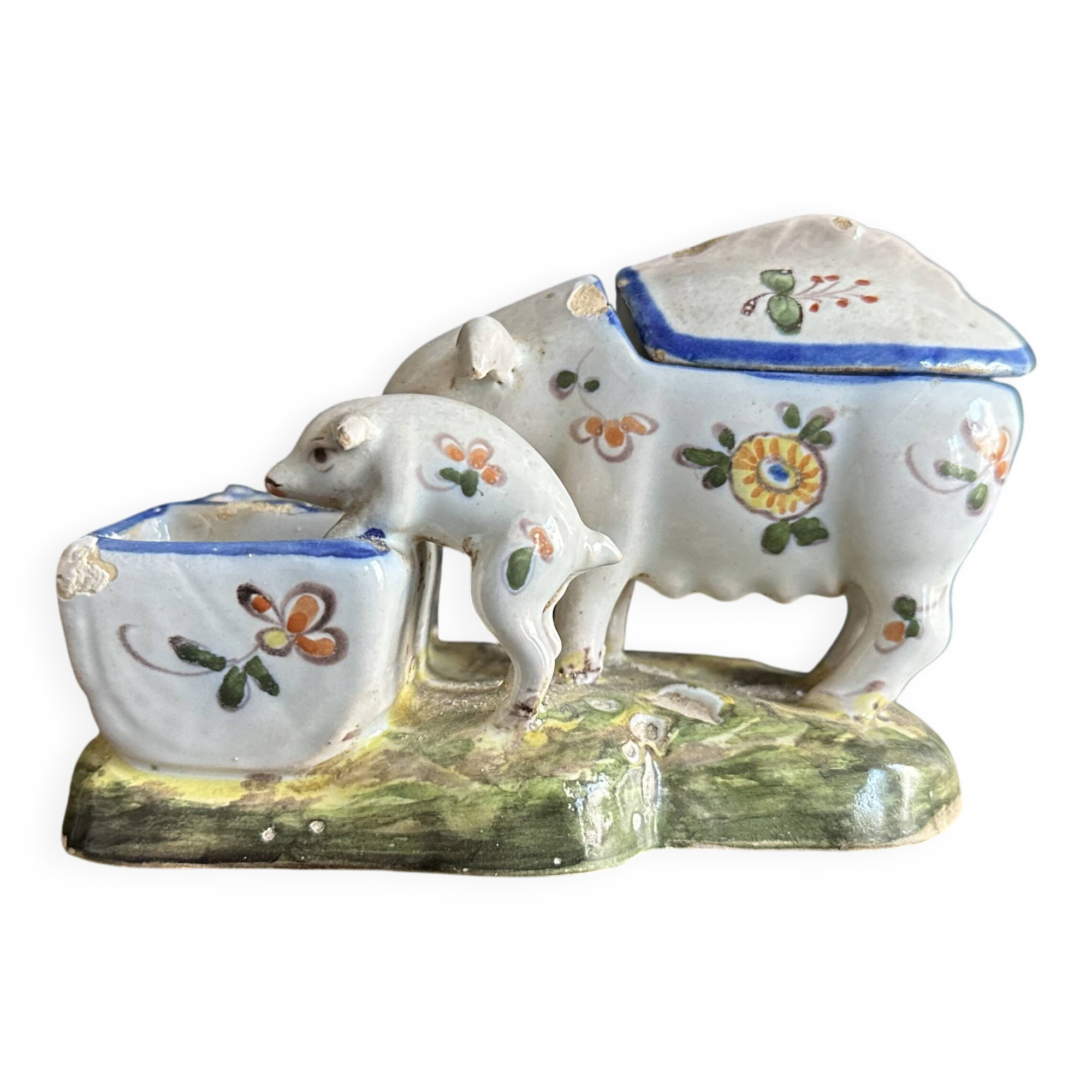 Antique earthenware pig box, salt cellar or mustard pot, floral decoration.