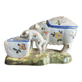 Antique earthenware pig box, salt cellar or mustard pot, floral decoration.
