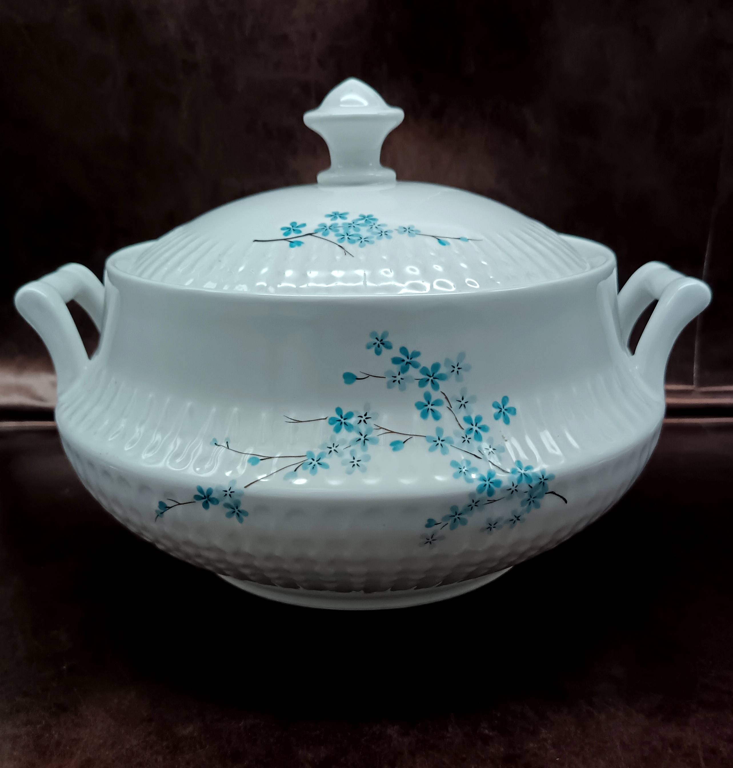 White porcelain soup tureen FD Chauvigny France, forget-me-not motif