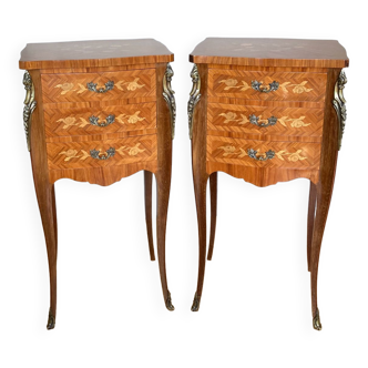 Louis XV bedside tables in marquetry with floral motifs + gilded bronze decorations