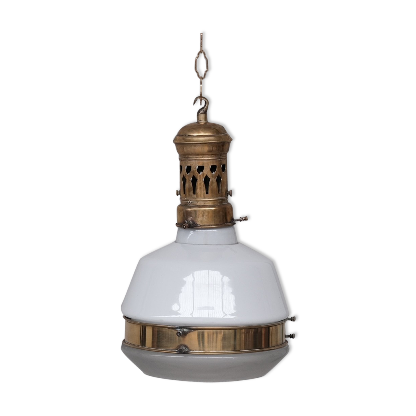 German Antique Two Tone Brass and Glass Pendant Light