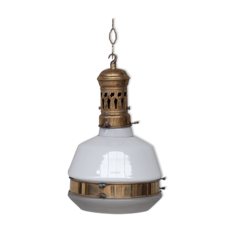 German Antique Two Tone Brass and Glass Pendant Light