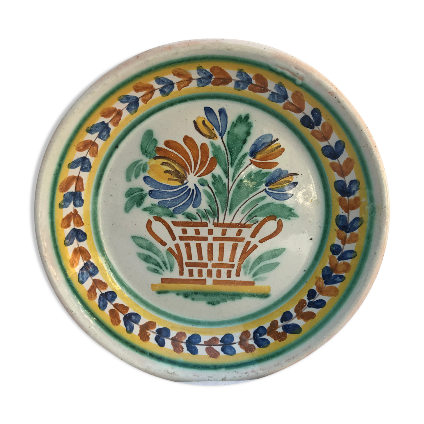 Ancient Plate Deco Ceramics White Drawings Flowers Painted Vintage